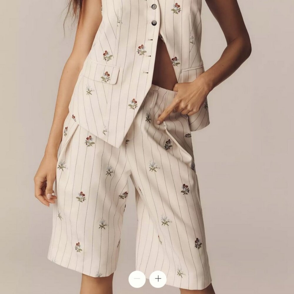 Anthropologie Maeve Embellished Bermuda Shorts Pinstripe with Floral Embroidery